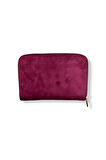Kadın Süet Mini Cüzdan, Fermuarlı, Bordo, 8 Kartlık, Metal Düğmeli