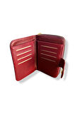 Kadın Süet Mini Cüzdan, Fermuarlı, Bordo, 8 Kartlık, Metal Düğmeli
