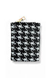 Fermuarlı Houndstooth Desenli Cüzdan, Siyah Beyaz, İç Bölmeli, Kartlık