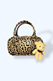 Leopar Desenli Mini El Çantası, Peluş Ayıcık Aksesuarlı, Suni Deri