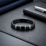 Moncuk Design Siyah-Beyaz 316L Çelik Ve Saç Örgü Erkek Deri Bileklik 33514B26D3