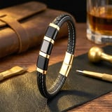 Moncuk Design Sarı-Siyah 316L Çelik Ve Saç Örgü Erkek Deri Bileklik 33514B26D4