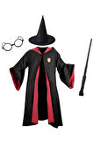 Harry Potter Gryffindor Kapişonlu Cübbe Çocuk Boy Şapka Asa Gözlük 4 Parça Set - 5-6 Yaş