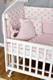 Ahşap Beşik Anne Yanı Beşik Beyaz 70x130 - Pembe Balina Uyku Seti + Yataklı + Tekerlekli