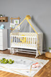 Ahşap Beşik Anne Yanı Beşik Beyaz 70x130 - Sarı Yıldız 3 Yastıklı Uyku Seti + Yataklı