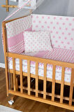 Ahşap Beşik Anne Yanı Beşik Vernikli 70x130 - Pembe Yıldız 1 Yastıklı Uyku Seti +Yataklı+Tekerlekli