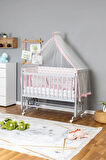 Ahşap Beşik Anne Yanı Beşik Gri 70x130 - Pembe Yıldız 1 Yastıklı Uyku Seti + Yataklı + Tekerlekli