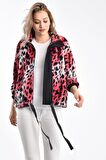 Eteği Bağlamalı Leopar Desenli Pembe Kadın Peluş Mont
