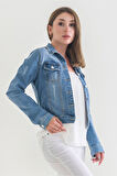 Power Streç Yıpratmalı Bleach Washing Denim Ceket
