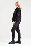 Bold & Young Kadın Siyah Fermuarlı Cepli Gömlek Üst – Uzun Kollu Spor Şık Tasarım