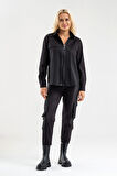Bold & Young Kadın Siyah Fermuarlı Cepli Gömlek Üst – Uzun Kollu Spor Şık Tasarım