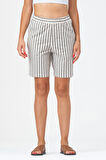 Bold & Young Kadın Cepli Beli Lastikli Çizgili Pamuklu Şort