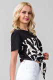 Bold & Young Kadın Bağlamalı Baskılı Viskon Kombinli Likralı Örme Kumaş Sıfır Yaka Tshirt