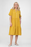 Bold & Young Kadın Cepli Kısa Kollu Yarım Pat Düğmeli Büzgülü Pamuklu Elbise