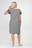 Bold & Young Kadın Cepli Çizgili Düz Kumaş Kombinli  Pamuklu Kumaş Yırtmaçlı Elbise