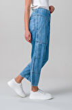 Bold & Young Kadın indigo Renk Bleach Yıkama Cepli Bol Paça Beli Lastikli İnce Lyocell Kumaş  Kot Pantolon