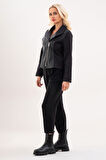 Bold & Young Siyah Deri Detaylı Fermuarlı Kadın Ceket 