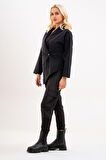 Bold & Young Kadın Polyamid Karışımlı Siyah Ceket – Cepli, Asimetrik, Tek Düğme