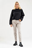 Bold Young Kadın Siyah Pamuk Likralı Sweatshirt – Polyamid Kumaş Detaylı Kordunlu