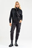 Siyah Volan Detaylı Fermuarlı Şık Sweat Ceket