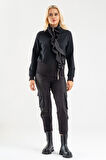 Siyah Volan Detaylı Fermuarlı Şık Sweat Ceket