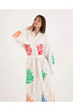Müslin Kimono %100 Pamuklu Mercan Desenli Bornoz Kaftan Sabahlık