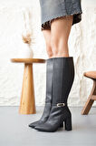 Kadın Sosa Kalın Topuklu Tokalı Çizme - siyah-deri