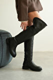 Kadın Goxi Düz Tabanlı Dizüstü Çizme - siyah-deri