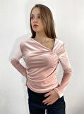 Pembe Kadife Büzgülü Bluz Hediye Bayramlık