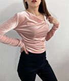 Pembe Kadife Büzgülü Bluz Hediye Bayramlık