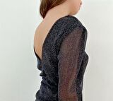 Siyah Simli Sırt Dekolteli Büzgülü Kadın Mini Abiye Elbise Tasarım Hediye Büyük Beden Bayramlık