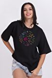 Space Unisex Siyah Oversize Baskılı Tişört - Şık ve Rahat