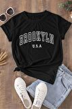 Brookyln Unisex Siyah Oversize Baskılı Tişört - Şık ve Rahat