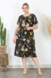 Kadın Siyah Hardal Gül Desen Midi Elbise