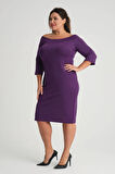 Kadın Mor Carmen Yaka Truvakar Kol Büyük Beden Esnek Krep Elbise