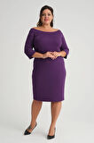 Kadın Mor Carmen Yaka Truvakar Kol Büyük Beden Esnek Krep Elbise