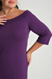 Kadın Mor Carmen Yaka Truvakar Kol Büyük Beden Esnek Krep Elbise