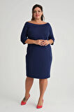 Kadın Lacivert Carmen Yaka Truvakar Kol Büyük Beden Esnek Krep Elbise