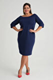 Kadın Lacivert Carmen Yaka Truvakar Kol Büyük Beden Esnek Krep Elbise