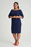 Kadın Lacivert Carmen Yaka Truvakar Kol Büyük Beden Esnek Krep Elbise