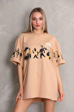 MOONFER Unisex Bisiklet Yaka Baskılı Oversize T-Shirt - Bej
