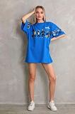MOONFER Unisex Bisiklet Yaka Baskılı Oversize T-Shirt - Mavi