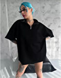 MOONFER Unisex Yarım Fermuarlı Düz Oversize T-Shirt - Siyah