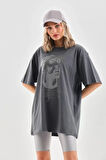 MOONFER Unisex Taş Desenli Oversize T-Shirt - Füme