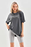 MOONFER Unisex Taş Desenli Oversize T-Shirt - Füme