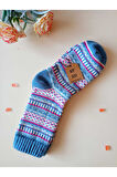 2 ÇİFT KALIN KIŞLIK YUMUŞAK ÇORAP YILBAŞI MOTİF ETNİK DESENLİ KADIN ÇORABI MAVİ MOR  36-40