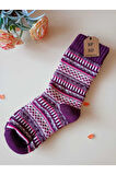 2 ÇİFT KALIN KIŞLIK YUMUŞAK ÇORAP YILBAŞI MOTİF ETNİK DESENLİ KADIN ÇORABI MAVİ MOR  36-40