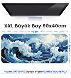 90x40 Ocean Storm XXL Büyük Boy ilyuka MP149040 Gaming Mousepad Dikişli Kenar Kaymaz Taban 90x40cm