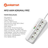 Polosmart MP21 Akım Korumalı 5'li Priz 3 USB 2 Typc-C