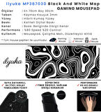 ilyuka Mouse Pad 70x30 cm Büyük Boy XL Gaming Mousepad MP387030 Kaymaz Kauçuk Taban Dikişli Kenar Black And White Topography Map